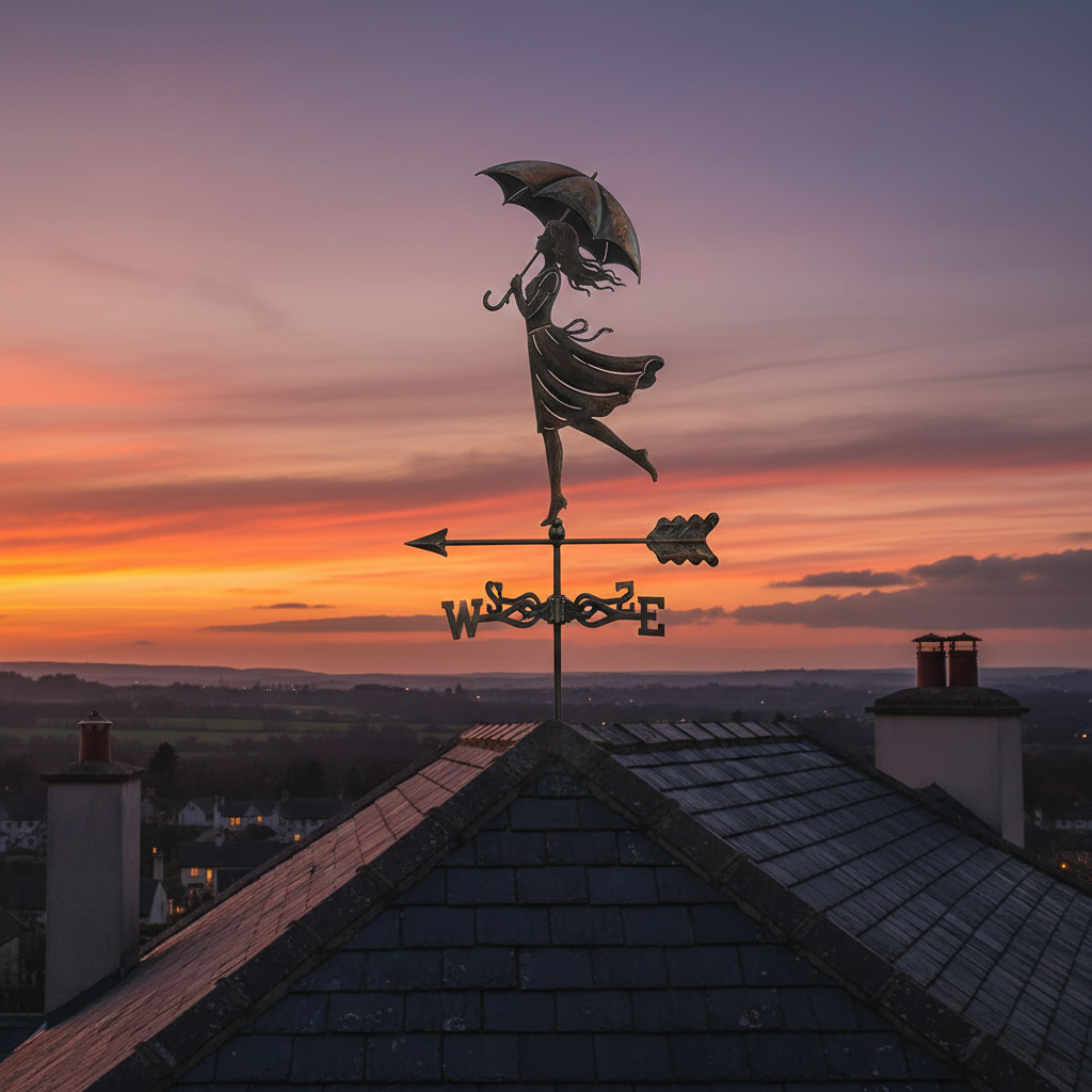 Girouette de jardin originale fille avec parapluie installée sur toit cottage au crépuscule - décoration extérieure poétique