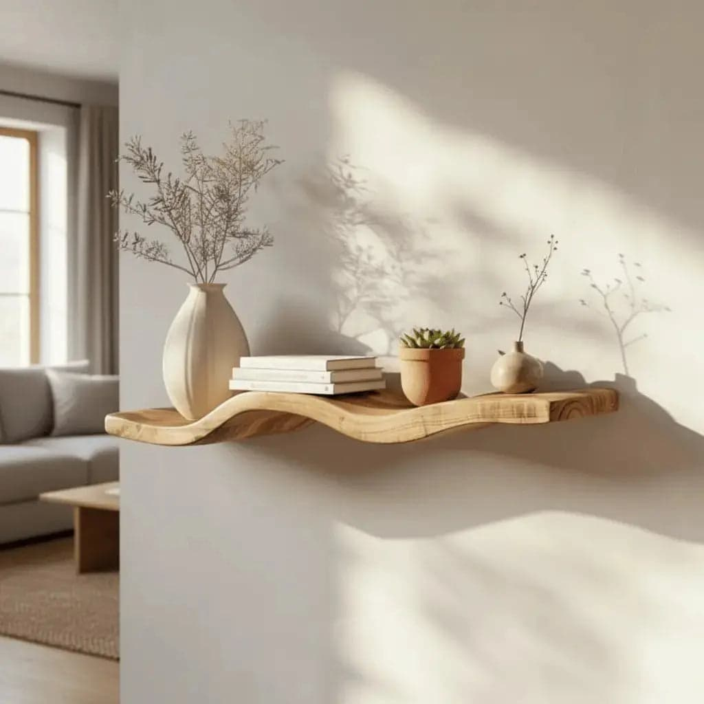 étagère flottante bois bord naturel ondulé dans salon moderne avec vases céramiques plantes livres grain bois chaleureux