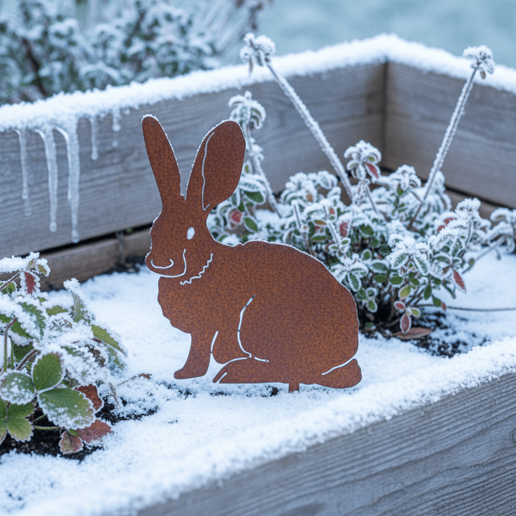 Jardin hiver décoration jardin lapin métal émergeant neige présence permanente