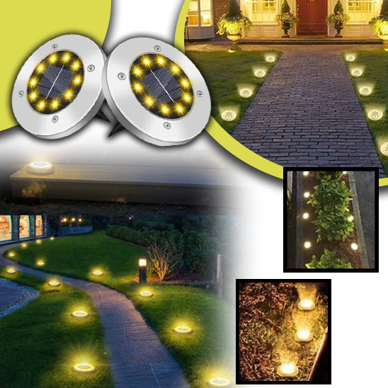 Collage de lampes solaires de sol de Mafrenesiedecoration éclairant une allée de jardin. Une image en haut à gauche montre deux lampes rondes Light-Disk™, tandis que dautres les mettent en valeur ornant les allées et les plantes, créant une atmosphère chaleureuse. Ces lumières classées IP65 garantissent durabilité et charme.