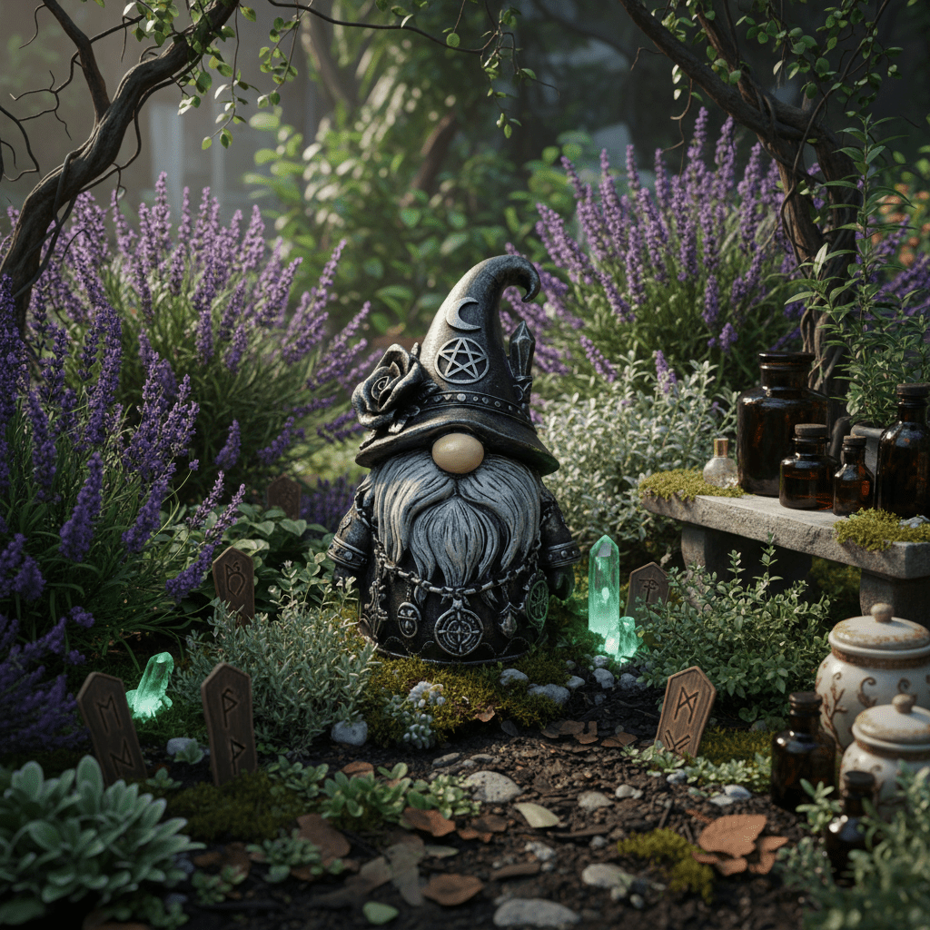 Nain de jardin noir jardin herbes aromatiques lavande décoration sorcière
