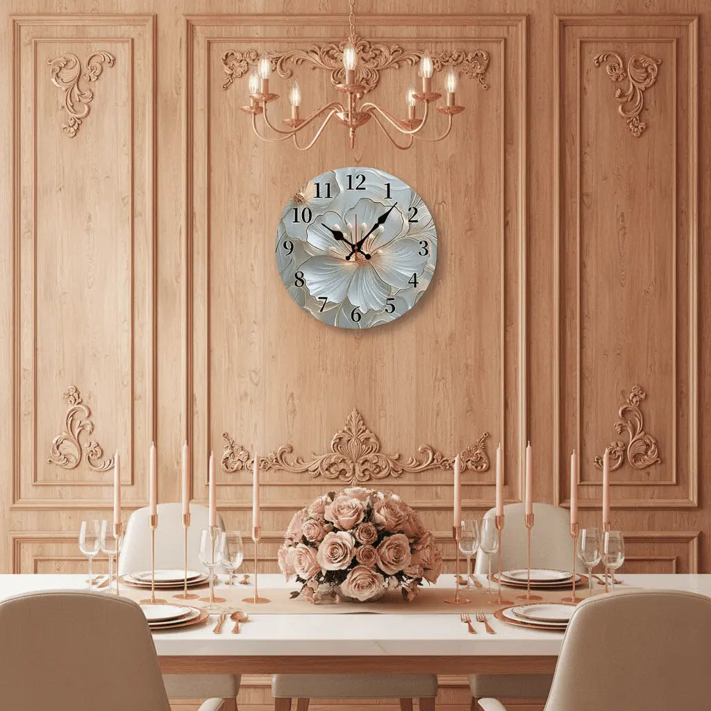 Horloge murale originale fleurs roses or salle à manger romantique atmosphère chaleureuse
