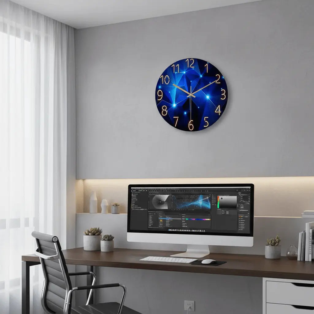 Horloge design murale verre HD bleu géométrique bureau espace créatif contemporain
