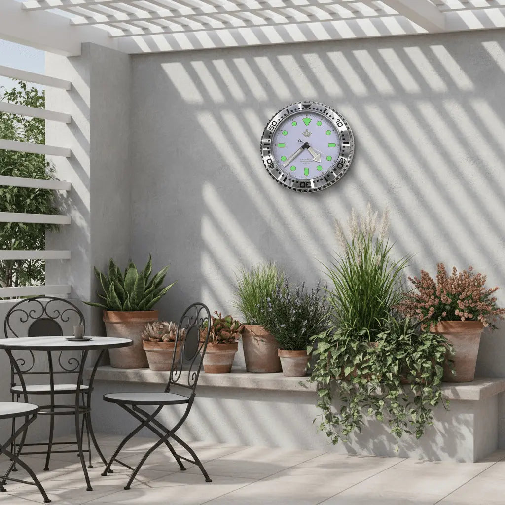 Horloge murale design métal argent extérieur terrasse jardin polyvalente élégante