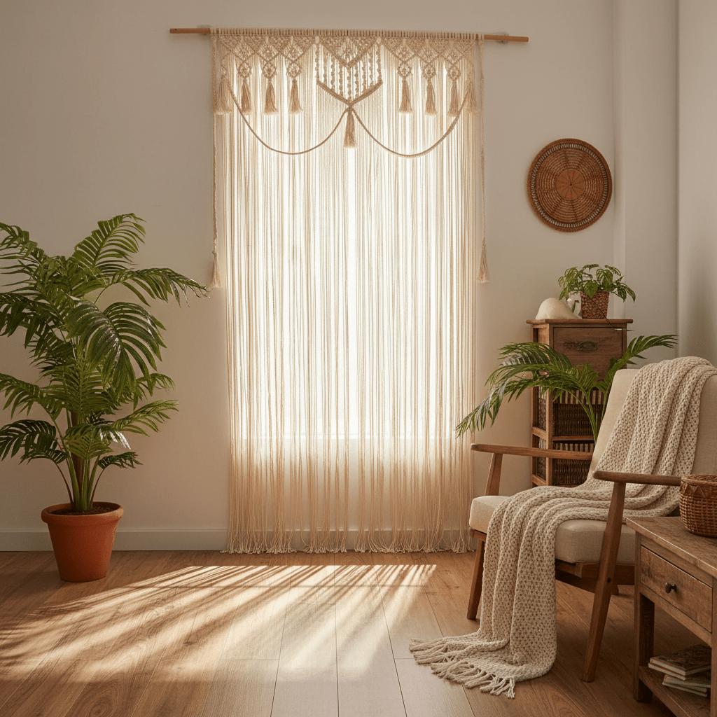 Rideau macramé coton naturel décoration fenêtre filtrant lumière créant ombres douces intérieur bohème
