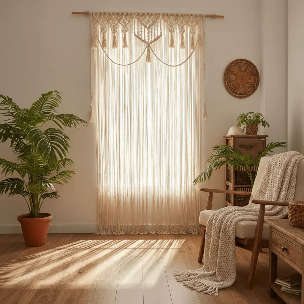 Rideau macramé coton naturel décoration fenêtre filtrant lumière créant ombres douces intérieur bohème