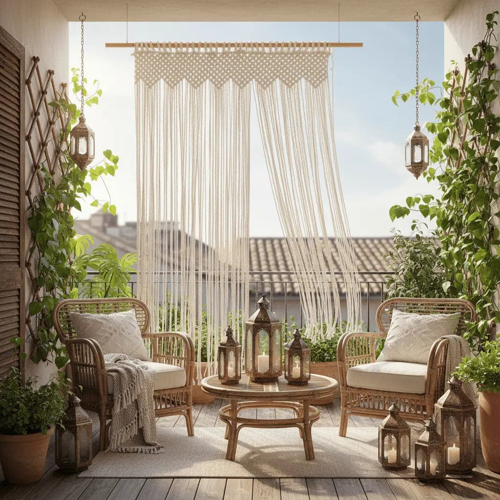 Rideau macramé bohème coton naturel balcon aménagé mobilier rotin lanternes plantes grimpantes ambiance extérieure