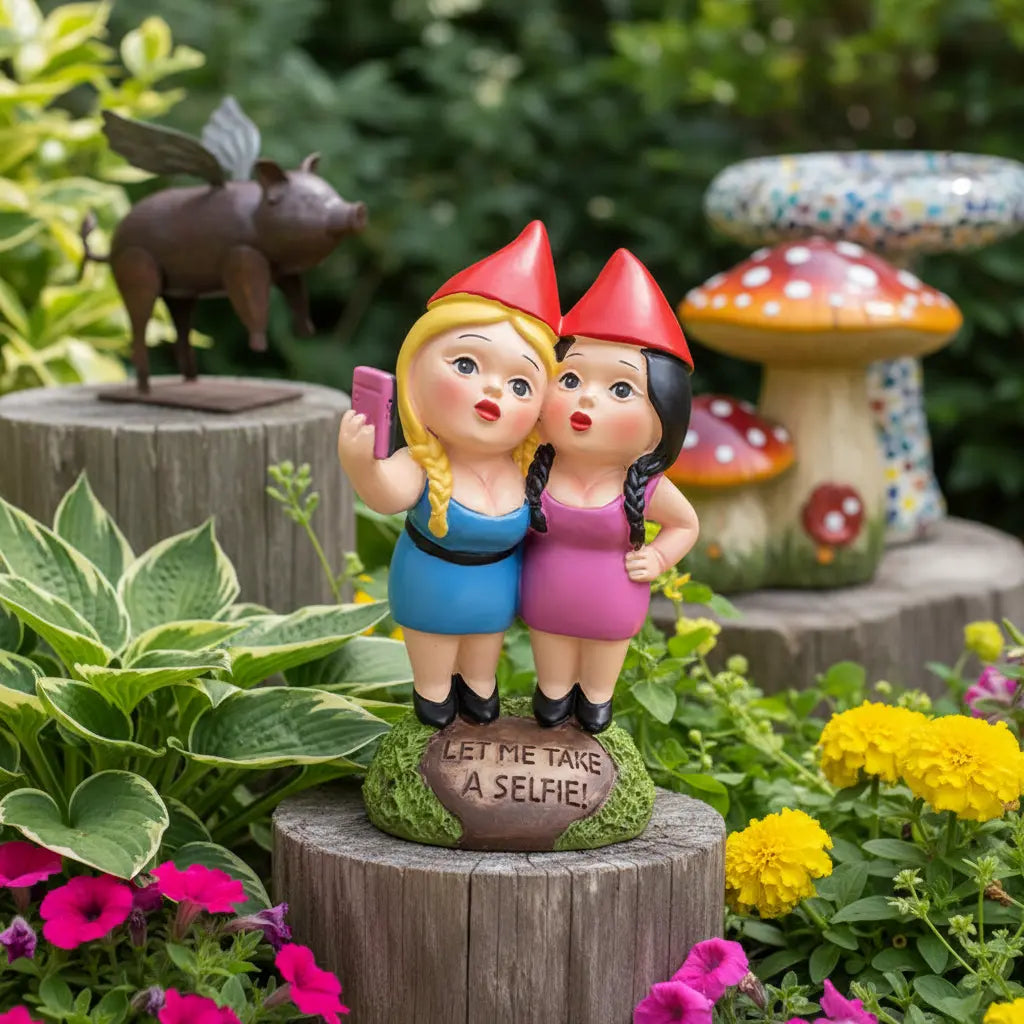Nain de jardin femme atmosphère joyeuse moderne humour contemporain