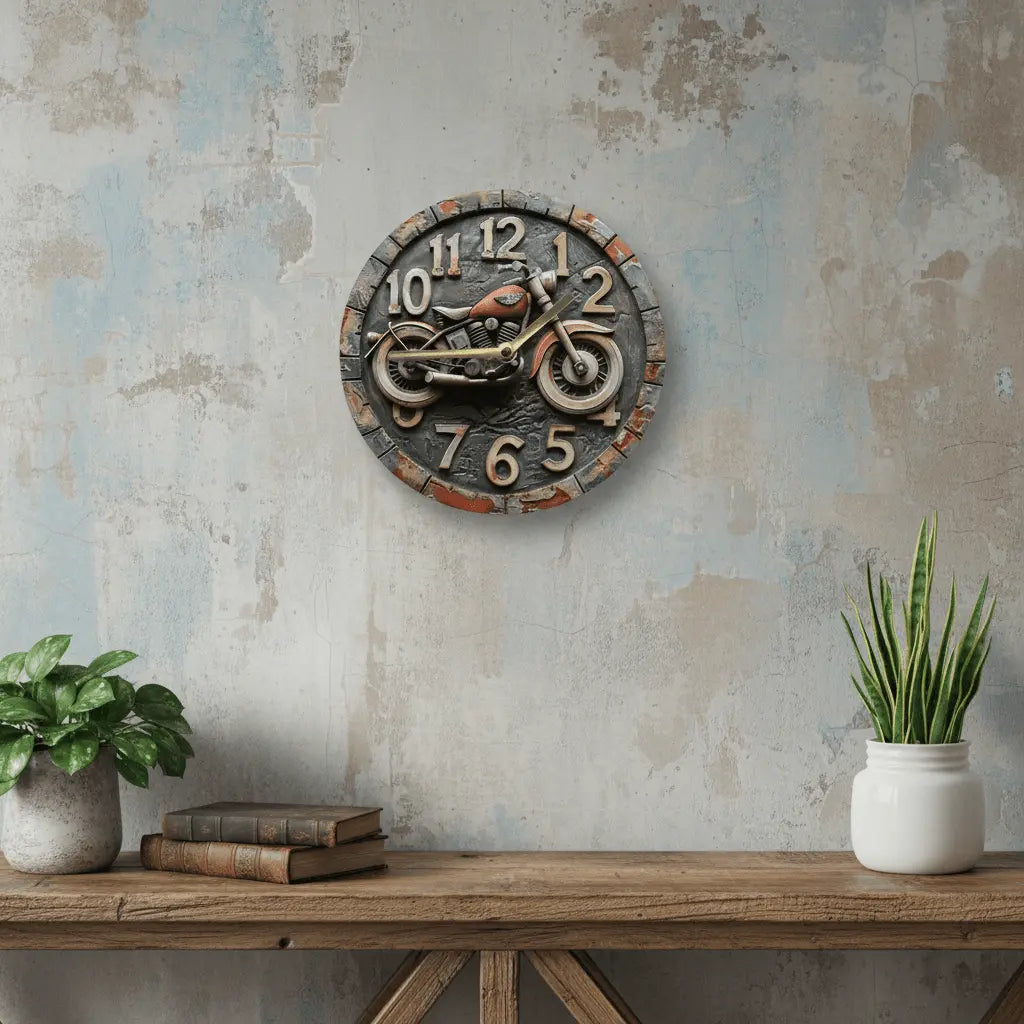 Horloge moto murale relief 3D vintage chambre entree rustique moderne silencieuse quartz