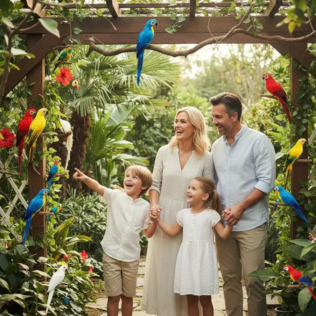 Décorations jardins perroquets famille enfants tropical lifestyle ludique