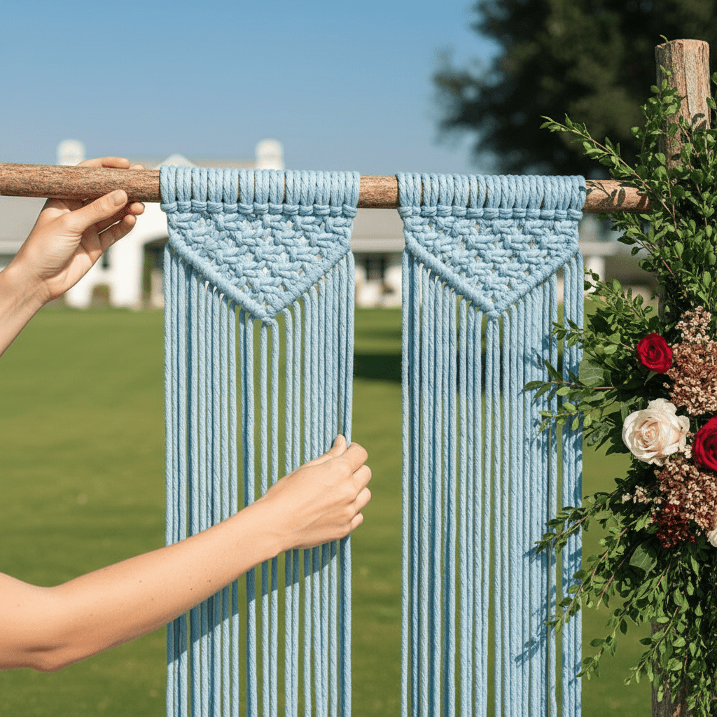 Installation bleu clair Rideau macrame salon bohème-chic élément central - intégration harmonieuse décoration tendance