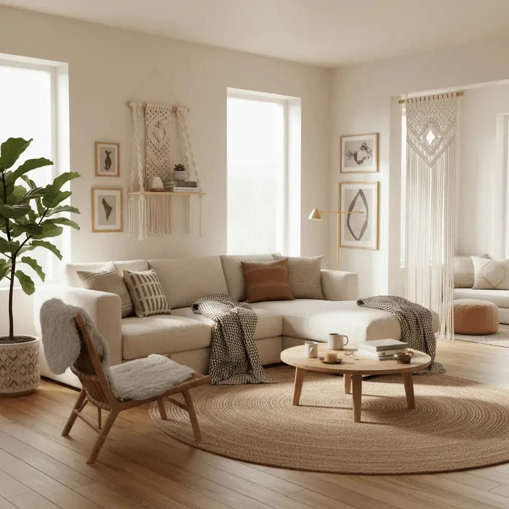 Intérieur bohème serein décoration macramé atmosphère paisible cosy art mural chaleur naturel