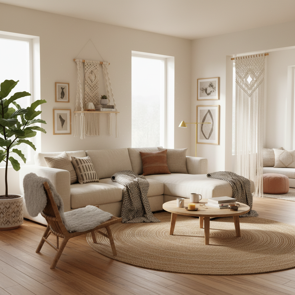 Intérieur bohème serein décoration macramé atmosphère paisible cosy art mural chaleur naturel