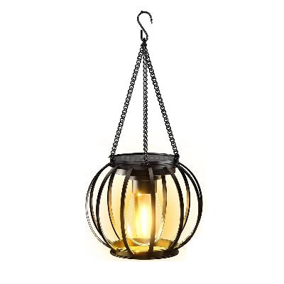 Lampe solaire jardin haut de gamme suspendue, design ajouré noir, lumière douce ambrée