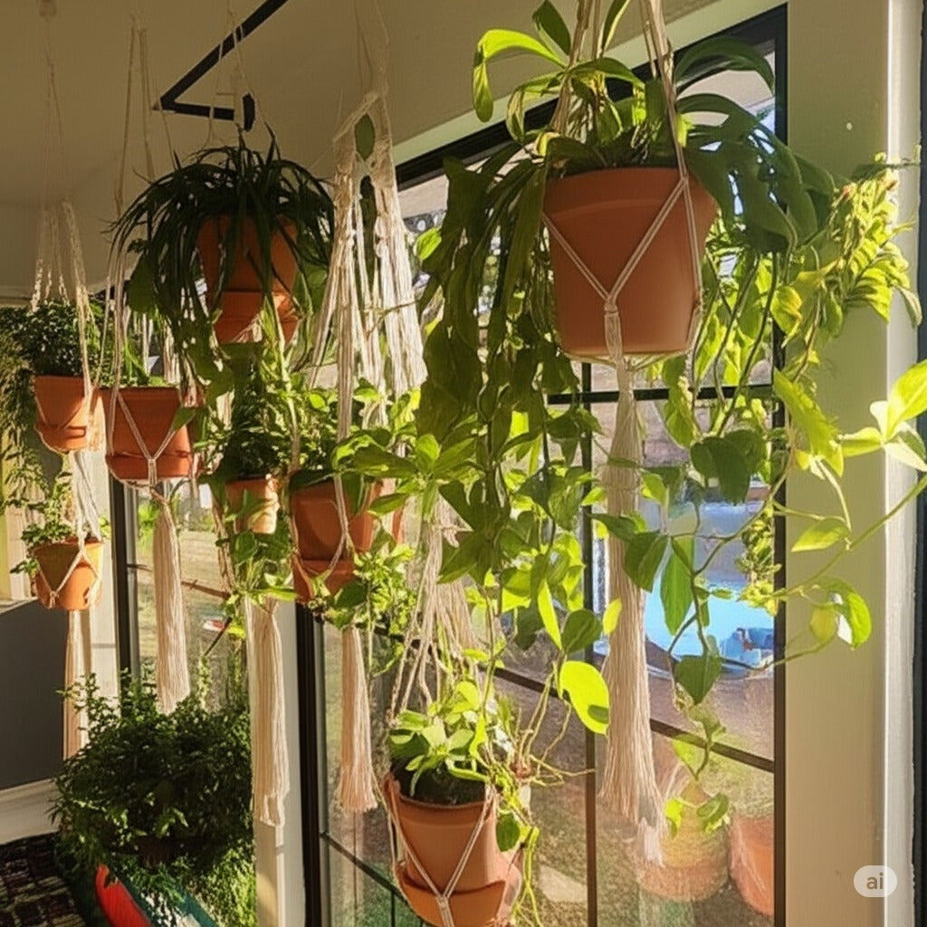 Des jardiniĂšres en terre cuite, dĂ©bordant de plantes vertes luxuriantes, sont dĂ©licatement suspendues par des suspensions en macramĂ© crĂšme. La lumiĂšre naturelle inonde la piĂšce Ă travers de grandes fenĂȘtres, rĂ©vĂ©lant un paisible paysage extĂ©rieur. Les textures douces du macramĂ© contrastent joliment avec la rusticitĂ© des pots et la fraĂźcheur de la verdure. Une ambiance bohĂšme et sereine se dĂ©gage de cet intĂ©rieur lumineux.