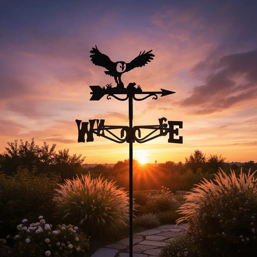 oiseau girouette silhouette coucher soleil ciel ailes déployées dramatique point focal artistique jardin liberté