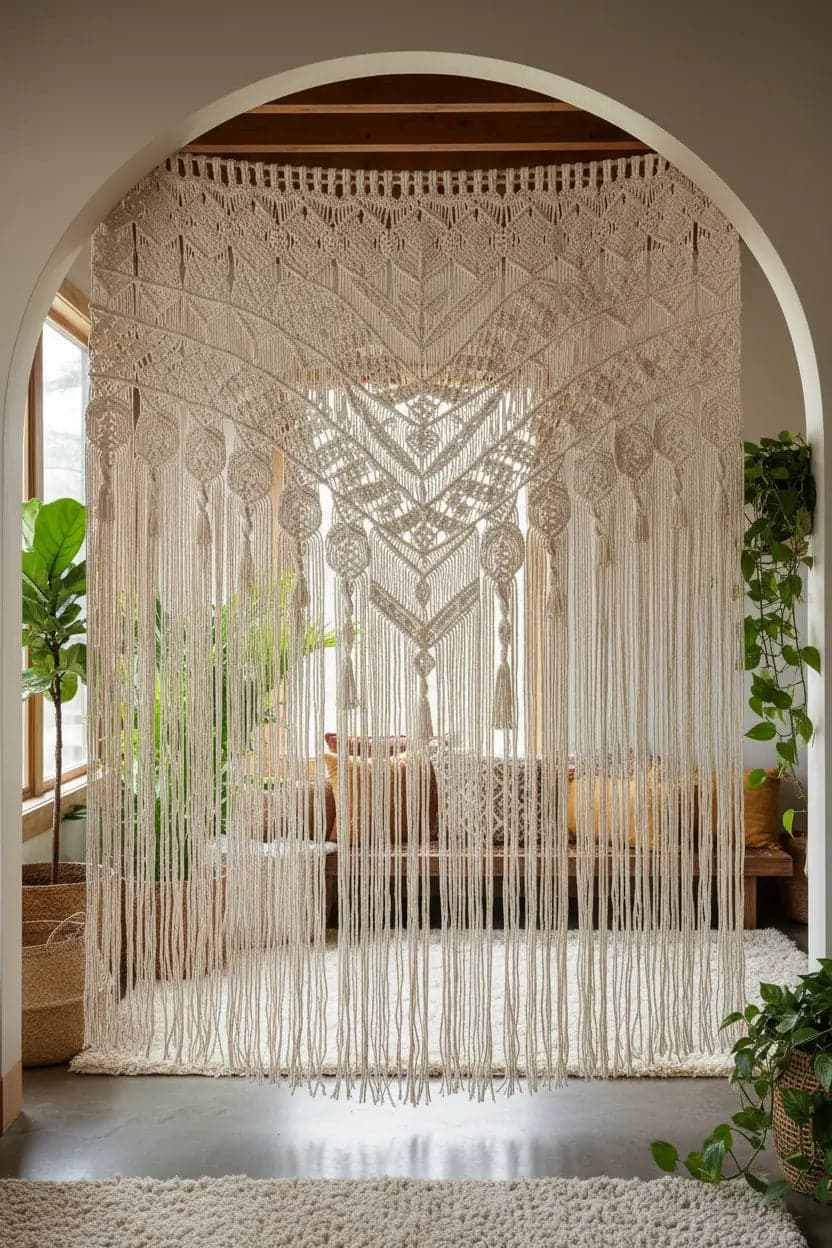 Rideau macramé artisanal Type 1 - Tissage coton fait main style bohème avec motifs noués complexes