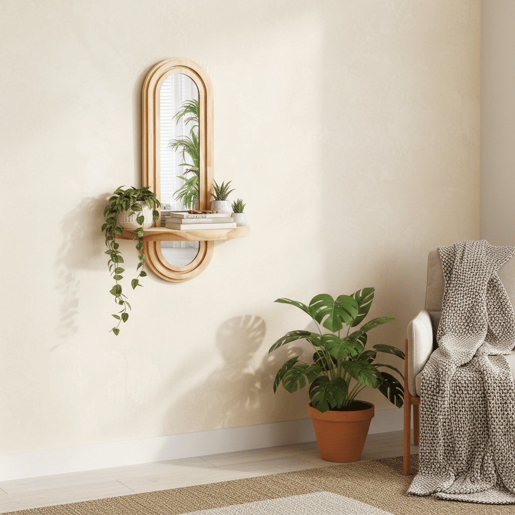 Étagère bois murale suspendue photoréaliste salon bohème plantes livres lumière naturelle