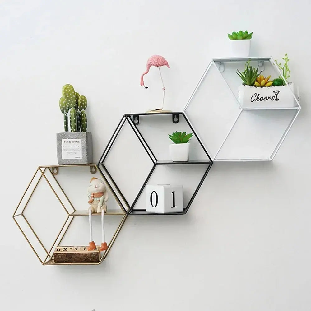 Étagère Murale Industrielle métal hexagonale montrant dimensions techniques 14,5cm x 10cm x 25cm hexagone et 29cm x 10cm rond, poids 570g
