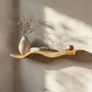 étagère flottante bois massif bord naturel ondulé grain apparent texture organique décoration murale authentique artisanale"
