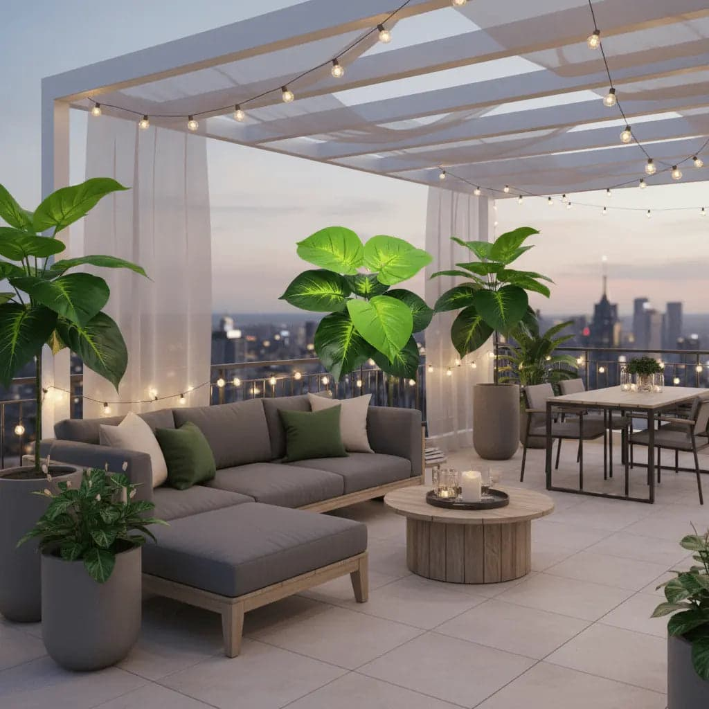 Terrasse élégante plante artificielle extérieur anti UV atmosphère fraîche sophistiquée