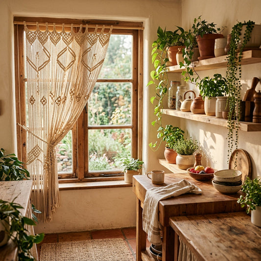 Décoration intérieure avec rideau macramé pour la cuisine, plantes vertes et étagères en bois rustique.