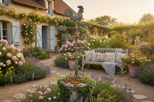 Girouette de jardin originale avec coq en cuivre vieilli dans jardin champêtre français style boho-chic