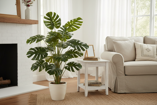 Plante artificielle Monstera avec feuilles vertes dans pot céramique intérieur moderne boho-chic