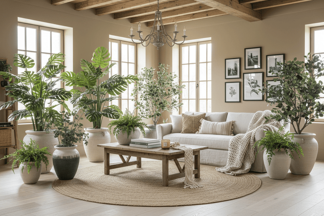 Plantes artificielles décoratives dans intérieur moderne style boho-chic sans entretien