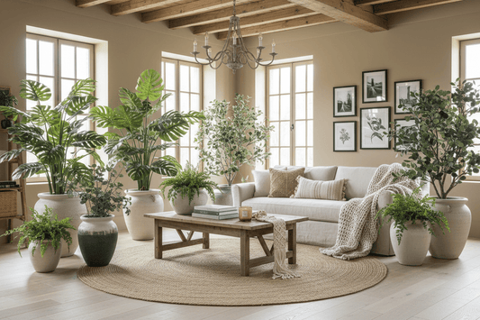 Plantes artificielles décoratives dans intérieur moderne style boho-chic sans entretien