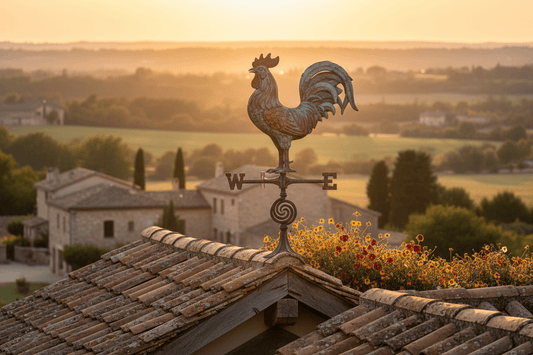 Girouette de toit ancienne en cuivre avec coq sur toit traditionnel européen - décoration artisanale vintage