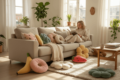 Coussins décoratifs canapé et sol - Ambiance cosy salon scandinave avec coussins velours et peluche