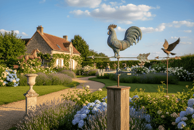 Girouette coq en cuivre avec patine verte sur poteau en bois dans jardin français avec maison traditionnelle, hortensias bleus et lavande