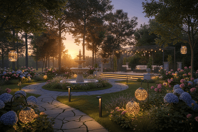 "Jardín iluminado al atardecer con lámparas solares LED decorativas en senderos y parterres de flores"