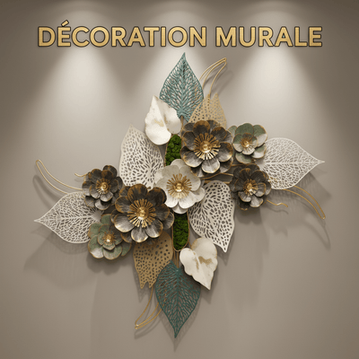 Salon moderne avec décoration murale dorée botanique, canapé blanc, plantes.