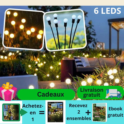 Illuminez votre jardin avec Lucio-Light™ de lecoledeschats. Des images en gros plan montrent les lampes solaires sur des tiges flexibles, à la fois éclairées et tamisées. Les caractéristiques comprennent la livraison gratuite, des cadeaux, une promotion achetez-en un, obtenez-en un autre et un ebook gratuit supplémentaire. Profitez dune installation facile sans fil avec ces lampes solaires pour jardin.
