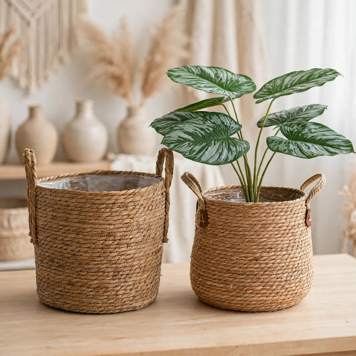 Duo de paniers tressés en jonc de mer naturel - 30x27cm anses hautes et W26xH28cm anses corde + cuir - panier de rangement et cache-pot bohème scandinave avec et sans plante