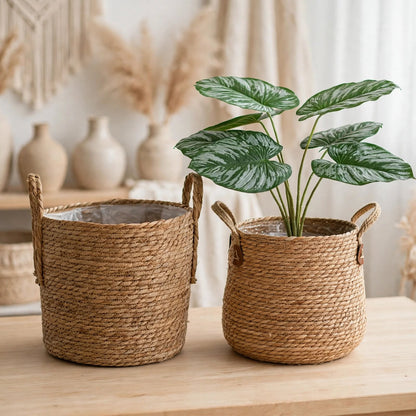 Duo de paniers tressés en jonc de mer naturel - 30x27cm anses hautes et W26xH28cm anses corde + cuir - panier de rangement et cache-pot bohème scandinave avec et sans plante