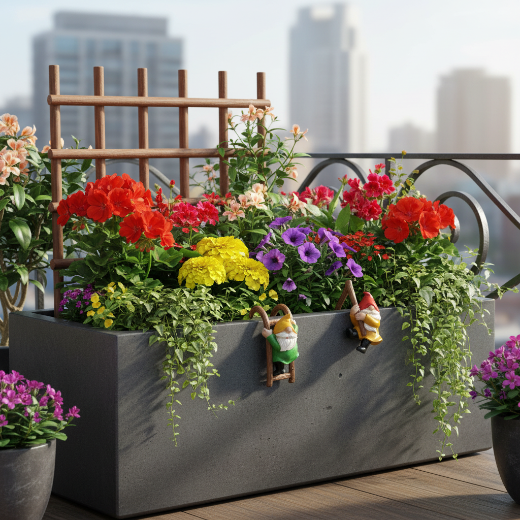 Nains de jardin grimpeurs balcon urbain jardinière plantes fleuries