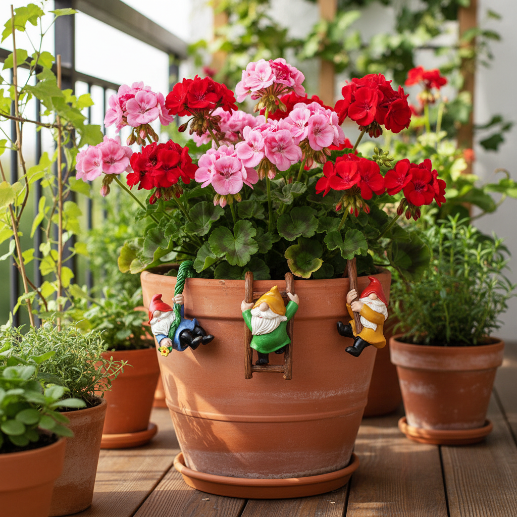 Nains de jardin grimpeurs pot terre cuite géraniums roses balcon