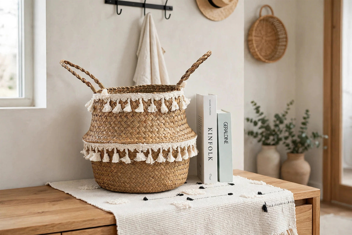 Panier en jonc de mer à pompons posé sur un tapis en jute