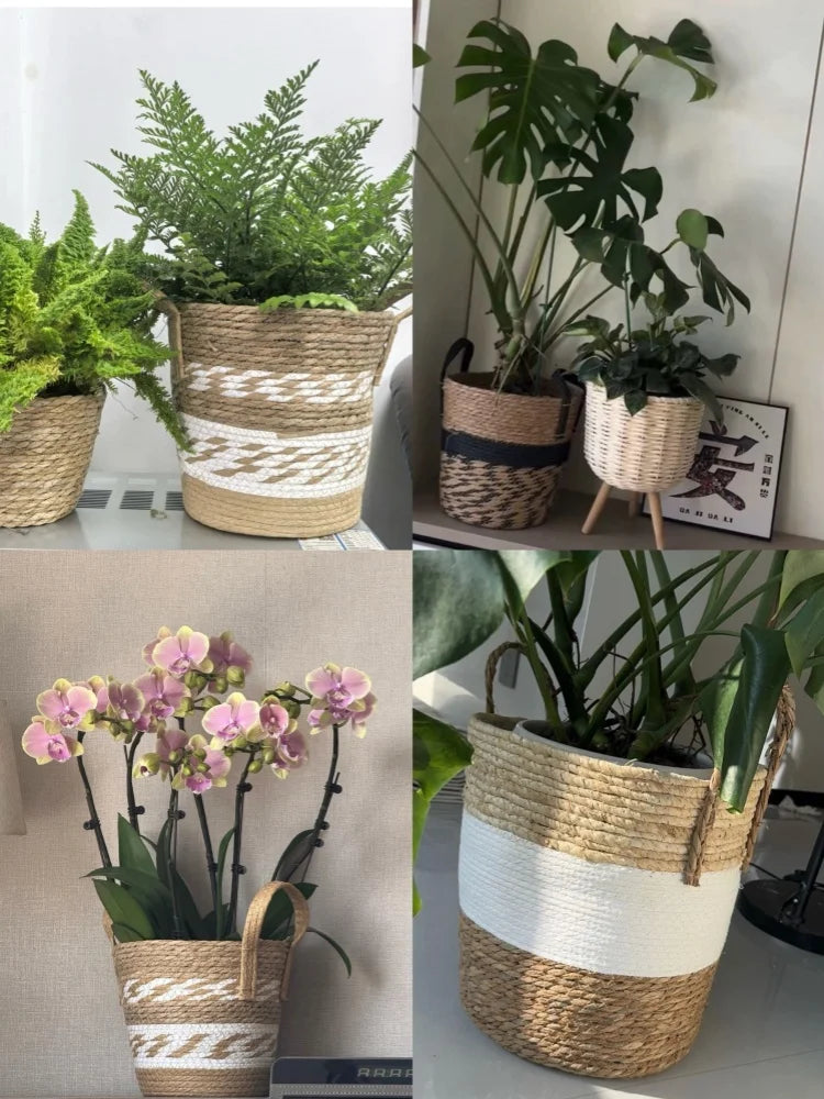 Motifs losanges géométriques tissés herbe marine cache-pot design