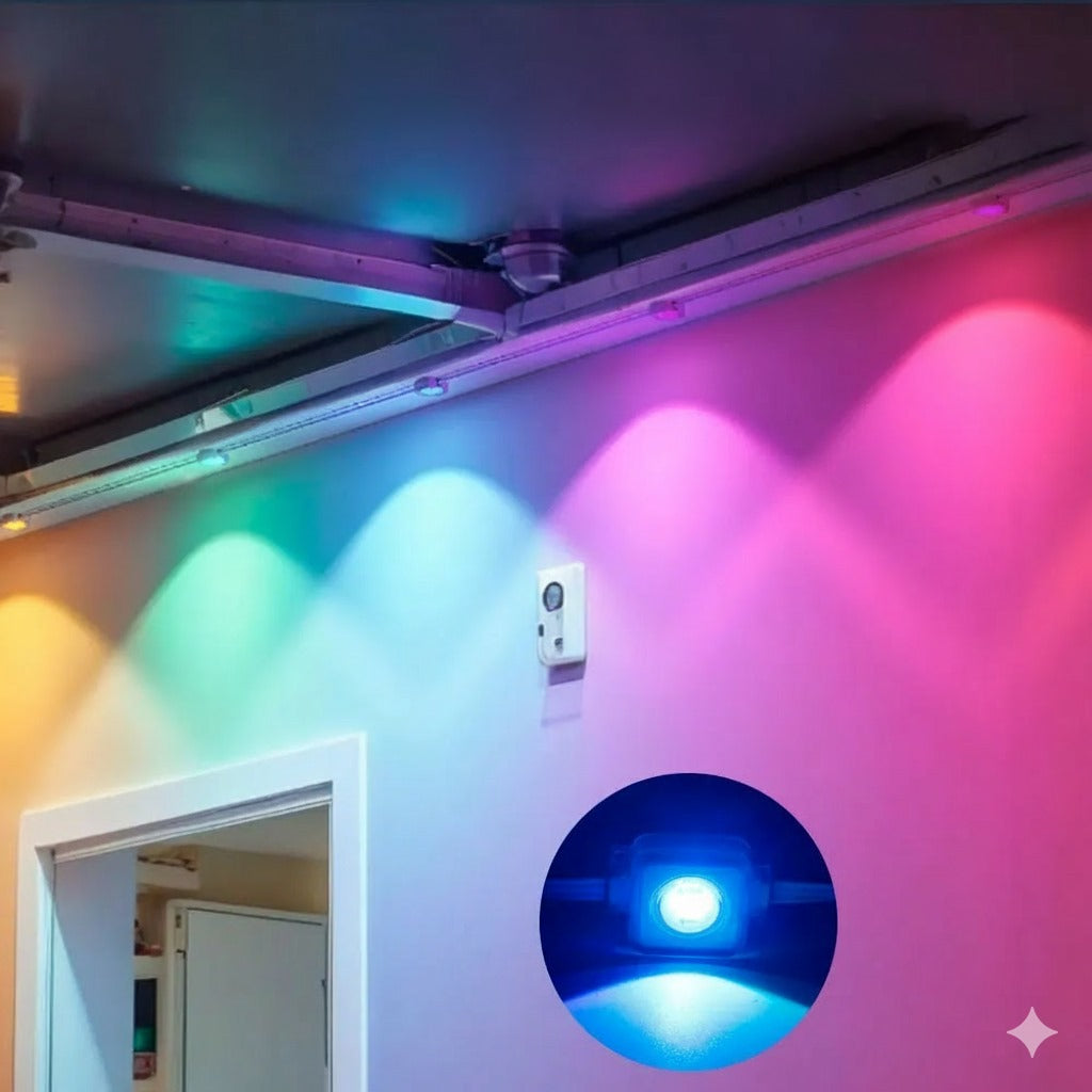 Éclairage multicolore, guirlande lumineuse extérieure, ambiance festive, décoration murale, lumière bleue.