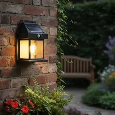 Applique murale et lampe solaire jardin haut de gamme fixée sur un mur en briques près d'une entrée de maison avec plantes.