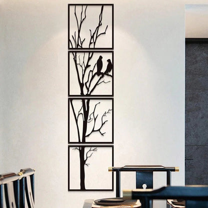 Decoration murale pour salon minimaliste représentant un arbre stylisé en quatre panneaux noirs, avec deux oiseaux perchés.