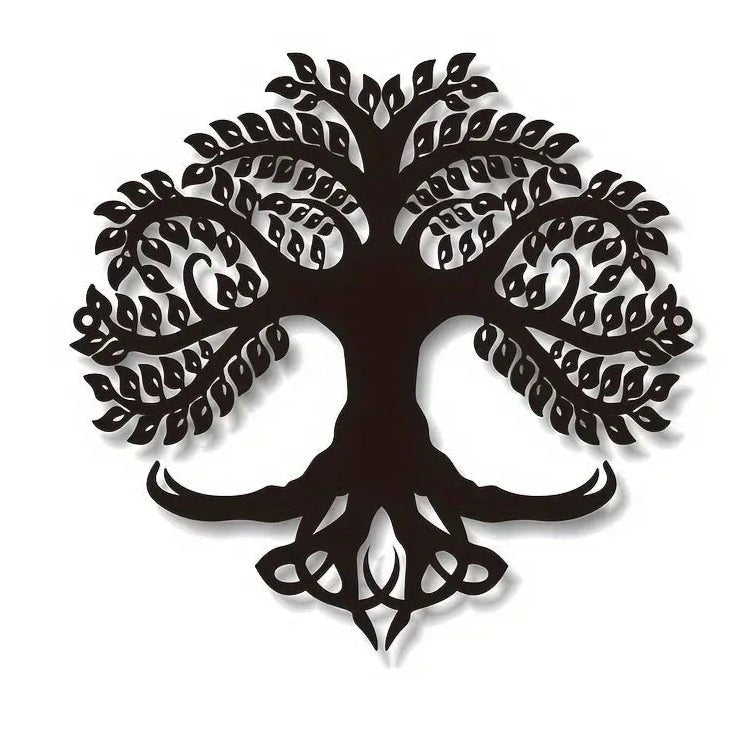 Arbre de vie stylisé en métal noir, décoration murale élégante.