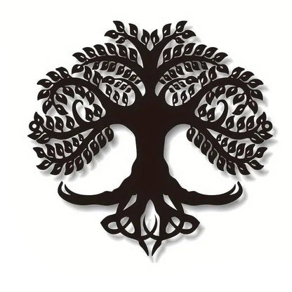Arbre de vie stylisé en métal noir, décoration murale élégante.