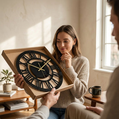 Horloge noire murale Cosmos & Zénith — mécanisme quartz silencieux sans tic-tac idéal atelier bureau.