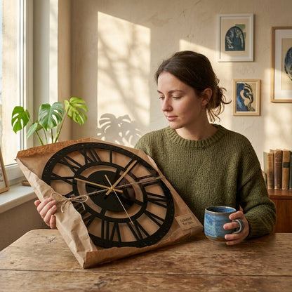 Femme tenant horloge noire murale Cosmos 30cm — référence taille légèreté acrylique silencieux.