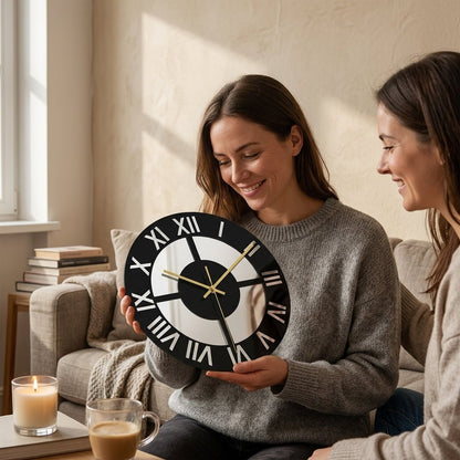 Horloge murale noire design Onyx — ambiance nordique minimaliste motif floral quartz silencieux.